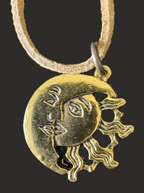 Vintage Celestial Sun & Moon Face Pendant Necklace Gold Tone Suede Cord